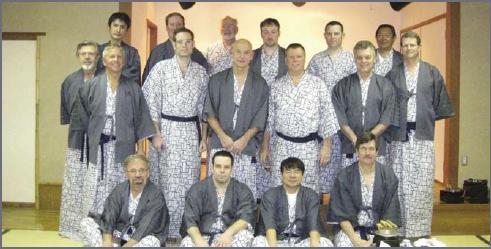 The Mitsui Seiki sponsored group at the Onsen Hotel before dinner. Far right: Scott Walker, to his left, Roy Kawakami.